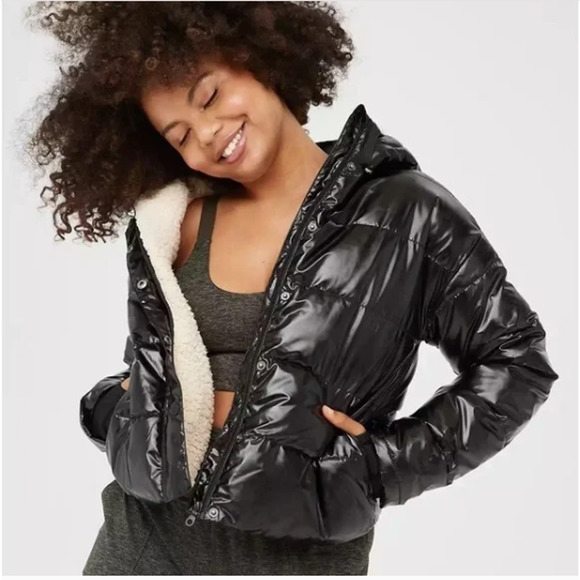aerie Jackets & Coats Aerie Offline Black Wet Look Puffer Quilted